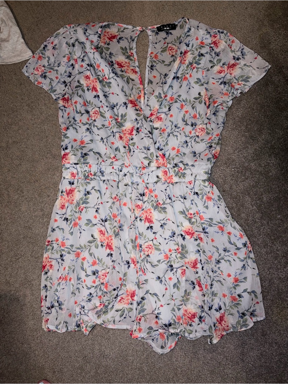 Francesca’s Floral V-Neck Romper in Light Blue with Coral Flowers